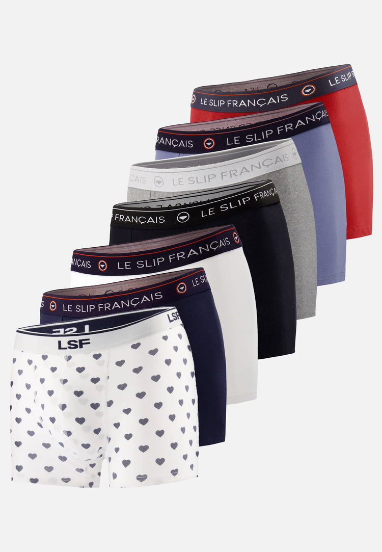 Pack Semainier Boxer Redoutable Marine Blanc Noir Gris Bleu Jean Rouge Marius Petit Cœur Marine - Le Slip Français - 1