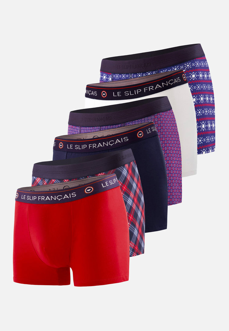 Pack 6 Boxer Redoutable Rouge Marine Blanc Marius Tartan Kdo Flocon - Le Slip Français - 1