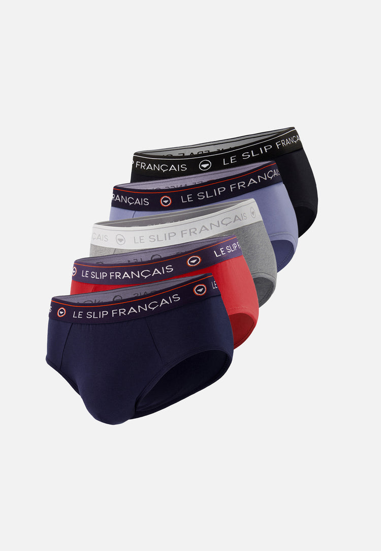 Pack Cinquo Brief Intrepide Navy Blue Denim Cherry Red Heather Gray Black - Le Slip Français - 1