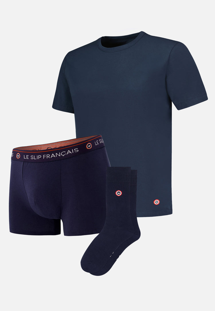 Pack Trio Boxer Redoutable, T-shirt Formidable et Chaussettes Robuste Marine - Le Slip Français - 1