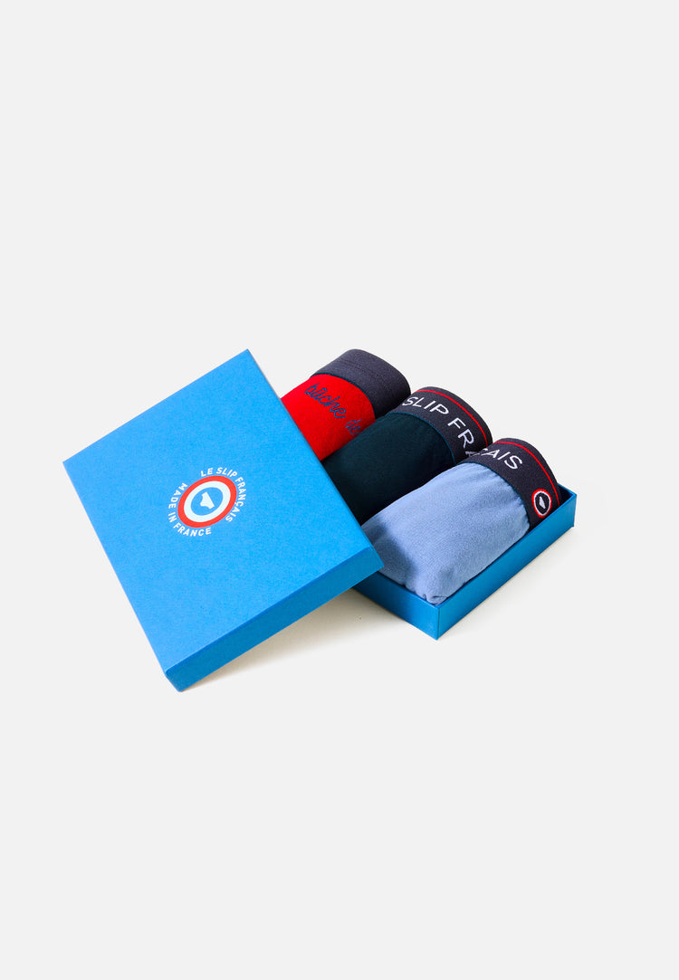 Coffret Trio Boxer Redoutable Marine Rouge Brodé Bleu Jean - Le Slip Français - 1